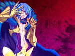  amamiya_poran blue_hair fox male_focus microphone navel open_mouth shindou_sugata solo star_driver yellow_eyes 