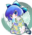  blue_eyes blue_hair blush bow chibi cirno eating floral_print food hair_bow highres japanese_clothes kimono long_sleeves popsicle short_hair solo touhou upper_body yukata yume_shokunin 