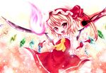  ascot bad_id bad_pixiv_id blonde_hair cicin dress fang fire flandre_scarlet hat open_mouth pink_fire pyrokinesis red_eyes short_hair side_ponytail smile solo touhou wings wrist_cuffs 