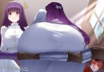  1boy 1girl ? ?? absurdres ass ass_focus blunt_bangs donggua5288 dress fern_(sousou_no_frieren) highres huge_ass long_hair long_sidelocks mage_staff purple_eyes purple_hair sidelocks sitting sousou_no_frieren staff stark_(sousou_no_frieren) very_long_hair white_dress window 