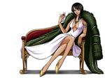  alcohol artist_request black_hair blue_eyes breasts cleavage couch dress formal fur_coat jpeg_artifacts large_breasts nico_robin one_piece sitting solo underboob 