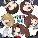  2boys 3girls blonde_hair blue_eyes blue_shirt brown_hair bulletproof_vest chibi chibi_only chris_redfield claire_redfield closed_mouth commentary_request crossed_arms green_eyes green_shirt green_vest grey_vest jacket jill_valentine leon_s._kennedy light_blush light_smile long_hair looking_at_viewer mar0maru multiple_boys multiple_girls parted_bangs police police_uniform ponytail rebecca_chambers red_jacket resident_evil resident_evil_1 resident_evil_2 resident_evil_2_(remake) resident_evil_3:_nemesis shirt short_hair sign thumbs_up upper_body vest 