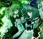  2girls :o arm_up commentary dress electricity ghost_tail green_background green_theme hands_on_another's_arm hat highres japanese_clothes kariginu long_hair long_sleeves looking_ahead looking_at_viewer medium_hair mononobe_no_futo multiple_girls nexally open_mouth robe skirt sleeves_past_wrists smile soga_no_tojiko sparkle spiked_hair tate_eboshi touhou tsurime untranslatable_commentary upper_body v-shaped_eyebrows 