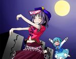  &gt;_&lt; beret blue_hair blush closed_eyes eating expressive_clothes food food_on_face full_moon graveyard hat ichimi jiangshi midriff miyako_yoshika moon multiple_girls navel ofuda outstretched_arms running shirt skirt tatara_kogasa tears touhou translated wavy_mouth zombie_pose 