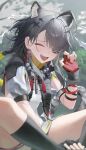  1girl absurdres ahoge animal_ears animal_print arknights arknights:_endfield black_socks braid closed_eyes commentary_request earrings eyepatch fingerless_gloves gloves grey_hair highres jewelry jinsei_tsuraiman long_hair open_mouth red_gloves smile socks solo tangtang_(arknights) tiger_ears tiger_girl tiger_print 