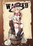  alternate_costume bag bare_shoulders barrel belt blonde_hair boots breasts cleavage coin fringe_trim gun handgun hat kirisame_marisa long_hair medium_breasts midriff navel panties revolver shiba_hajime sitting solo thighhighs touhou underwear wanted weapon western white_legwear witch_hat 