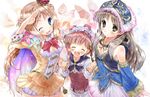  :d ;d ^_^ atelier_(series) atelier_meruru atelier_rorona atelier_totori bare_shoulders blue_eyes blue_sleeves blush bow brown_eyes brown_hair cape closed_eyes crown detached_sleeves hat holding_hands long_hair merurulince_rede_arls mini_crown multiple_girls one_eye_closed open_mouth red_bow red_hair rororina_fryxell salute scarlet_(studioscr) silver_hair skirt smile totooria_helmold yellow_skirt younger 