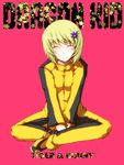  ^_^ akenoin_soumon blonde_hair bodysuit bruce_lee's_jumpsuit closed_eyes flower hair_flower hair_ornament hairclip huang_baoling orange_bodysuit short_hair sitting smile solo star tiger_&amp;_bunny 