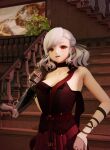  1girl 3d bare_shoulders black_dress breasts dress girls'_frontline girls'_frontline_2:_exilium grey_hair griffin_&amp;_kryuger_military_uniform gun hair_ribbon highres open_mouth pump_action red_eyes ribbon shotgun spas-12 spas-12_(girls'_frontline) weapon 