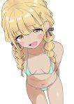  1girl areola_slip bikini blonde_hair blush blush_stickers braid braided_twintails breasts cameltoe collarbone fang fujita_kotone gakuen_idolmaster green_bikini hair_ribbon highres idolmaster long_hair looking_at_viewer navel open_mouth ribbon simple_background small_breasts smile solo sweat swimsuit takku twintails white_background yellow_eyes 