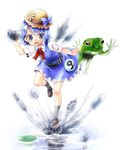  1girl belt blue_eyes blue_hair bow cirno dress fleeing flower food frog hat hat_bow hat_flower ice ice_cream icicle kannazuki_hato lily_pad lock padlock popsicle short_hair solo touhou water wings 