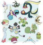  :d bounsweet chimecho claws closed_mouth commentary crabrawler cryptic_oats eelektross english_commentary fangs full_body highres kecleon lunatone maractus morelull no_humans open_mouth pokemon pokemon_(creature) pokemon_focus sandy_shocks sharp_teeth shaymin shaymin_(land) simple_background smile smoliv solid_oval_eyes surskit teeth trubbish 