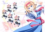  alice_margatroid apron arms_up black_dress blonde_hair blue_dress blue_eyes bow broom broom_riding capelet dancing dress hair_bow hairband hat jewelry kirisame_marisa long_hair multiple_girls necktie open_mouth ring sash shanghai_doll short_hair silhouette smile star touhou tri witch_hat 
