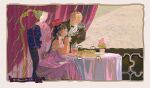  1boy 1girl artist_collaboration black_hair black_jacket blonde_hair border bow bowing bowl bowtie butler chair closed_eyes closed_mouth commentary cup double-parted_bangs dress elbow_rest english_commentary english_text flower food gloves hair_between_eyes hands_up hat highres holding holding_cup jacket lamp long_bangs long_hair long_sleeves looking_at_viewer looking_to_the_side on_chair original pink_dress pink_flower polka_dot_border red_hat short_hair short_sleeves sitting slice_of_life smile soup spoon spork straight_hair suit_jacket table tablecloth tamomoko taro-k tea traditional_bowtie vase very_short_hair white_border white_gloves 
