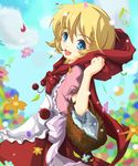  basket blonde_hair blue_eyes bulleta cape dress flower hood open_mouth oyuno_hirosuke red_dress smile solo vampire_(game) 