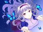  blurry breasts bug butterfly depth_of_field dress emanon123 hairband highres idolmaster idolmaster_(classic) insect large_breasts long_hair purple_eyes purple_hairband shijou_takane silver_hair solo 