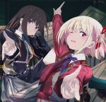  2girls black_eyes black_hair black_jacket blonde_hair bow commentary highres inoue_takina jacket long_hair looking_at_viewer lycoris_recoil multiple_girls nishikigi_chisato one_eye_closed open_mouth pointing purple_bow red_eyes red_jacket school_uniform sengoku_chidori shirt short_hair smile untranslatable_commentary upper_body white_shirt 