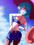  aqua_hair blue_eyes blue_hair elbow_gloves gloves heterochromia jpeg_artifacts karakasa_obake miniskirt miuku_(marine_sapphire) purple_umbrella race_queen red_eyes skirt solo tatara_kogasa touhou umbrella 