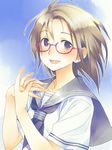  blue_eyes blush brown_hair glasses hands happy highres original red-framed_eyewear school_uniform short_hair solo yuuki_keisuke 