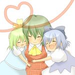  :d ^_^ ascot bad_id bad_pixiv_id blue_hair bow cirno closed_eyes daiyousei dress_shirt fang girl_sandwich green_hair hair_bow hair_ribbon happy heart heart_of_string hug kazami_yuuka motherly multiple_girls open_mouth plaid plaid_skirt plaid_vest ribbon sandwiched shii_(cocoa) shirt short_hair skirt skirt_set smile touhou vest 