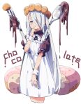  1girl black_shirt blue_eyes blush bow chocolate collapsed commentary_request cowboy_shot cropped_legs donut dress english_text food food-themed_hat frilled_dress frills hair_between_eyes hair_over_one_eye hand_up highres long_hair looking_at_viewer original oversized_fork oversized_spoon pa._(tatuya28001) pinafore_dress puffy_short_sleeves puffy_sleeves shirt short_sleeves sidelocks simple_background sleeveless sleeveless_dress solo standing very_long_hair white_background white_bow white_dress wrist_cuffs 