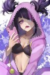 1girl aqua_eyes between_legs black_bra black_hair bra breasts cellphone cleavage commentary_request diagonal_bangs drawstring furrowed_brow hair_through_hood han_juri hand_between_legs heterochromia highres holding holding_phone hood hood_up lollipop_in_mouth mar0maru medium_breasts medium_hair midriff multicolored_hair navel onesie open_mouth pajamas phone pink_eyes pink_hair pink_pajamas pom_pom_(clothes) pom_pom_drawstring sidelocks sign smartphone solo streaked_hair street_fighter street_fighter_6 twintails underwear upper_body 