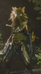  3_fingers 3d_(artwork) 9:16 alien anthro arm_feathers arm_tuft armor avian beam_rifle blue_eyes camo colored digital_media_(artwork) feather_hair feathered_crest feathers female fingers forest forest_background glowing glowing_eyes grass grey_body grey_scales gun_on_back halo_(series) head_crest hi_res kig-yar knife looking_at_viewer microsoft nature nature_background plant plasma_pistol pseudo_hair scabbard scales scalie solo syn_yot synca t'vaoan tree tuft xbox_game_studios yellow_body yellow_feathers 