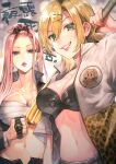  2girls animal_print arm_up baseball_bat black_bra black_eyes blonde_hair bra breasts chest_sarashi cleavage closed_mouth collarbone commentary_request double-parted_bangs green_eyes grin gyaru hair_between_eyes hair_ornament hairclip highres holding holding_baseball_bat holding_wristwatch jacket long_hair looking_at_viewer medium_hair multiple_girls navel open_clothes open_jacket original pink_hair red_lips sarashi smile stomach suihei_sen teeth tiger_print translation_request underwear upper_body veins veiny_hands watch wristwatch x_hair_ornament 