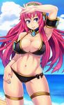  arm_up armpits bad_id bad_pixiv_id bikini blue_eyes blue_sky breasts cleavage cloud contrapposto cov-r cowboy_shot day hair_ornament headphones hips large_breasts lens_flare long_hair megurine_luka nail_polish navel ocean pink_hair shading_eyes skindentation sky smile solo standing swimsuit thigh_strap thighs vocaloid wide_hips 