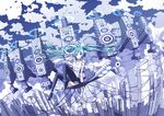  aqua_hair cable cityscape cloud fisheye floating_hair freely_tomorrow_(vocaloid) hatsune_miku hatsune_miku_(append) langjiao long_hair necktie sitting sky solo speaker thighhighs twintails very_long_hair vocaloid vocaloid_append 