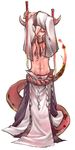  abs arms_up bad_id bad_pixiv_id dual_wielding hair_over_one_eye halftone highres hip_bones holding jewelry long_hair male_focus midriff navel necklace original red_hair shiro_(reptil) simple_background solo standing sword tail weapon white_background 