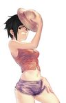  black_eyes black_hair breasts cutoffs denim denim_shorts face genderswap genderswap_(mtf) hat krenz looking_at_viewer luffyko medium_breasts midriff navel one_piece short_hair short_shorts shorts sleeveless solo straw_hat third-party_edit 