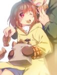  1boy 1girl aizawa_yuuichi bag blue_shorts blush brown_hair brown_mittens closed_mouth coat commentary_request cowboy_shot eating food food_in_mouth grey_jacket hair_between_eyes hairband height_difference holding holding_bag holding_food hood hood_down hooded_coat jacket kanon lliissaawwuu2 long_sleeves lower_teeth_only medium_hair mittens one_eye_closed open_mouth red_eyes red_hairband short_hair shorts simple_background taiyaki tareme teeth tsukimiya_ayu wagashi white_background yellow_coat 