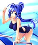  ahoge barefoot bent_over blue_eyes blue_hair breasts competition_school_swimsuit hair_grab hayase_mitsuki highres kimi_ga_nozomu_eien long_hair medium_breasts norizou_type-r one-piece_swimsuit ponytail pool pool_ladder smile solo swimsuit water 