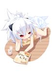  ahoge bag bare_legs barefoot between_legs chips coffee_mug cup dress eating food ghost head_rest horns lying mouth_hold mug on_side original ponytail red_eyes reku shiroko_(reku) silver_hair solo sweater sweater_dress 