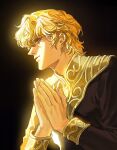  1boy arms_up black_background black_jacket blonde_hair chinese_commentary commentary_request erhuazi917 from_side ginga_eiyuu_densetsu highres jacket long_sleeves male_focus military_jacket own_hands_together parted_lips profile reinhard_von_lohengramm revision shirt short_hair simple_background solo wavy_hair 
