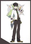  1boy absurdres asymmetrical_clothes black_hat black_pants black_shirt black_shoes bracelet clenched_hand commentary dress_shirt english_commentary english_text facing_to_the_side full_body gem gold_bracelet gold_trim green_gem green_hair hand_on_headwear hat highres jewelry long_sidelocks looking_to_the_side low_ponytail male_focus n_(arc_suit)_(pokemon) n_(pokemon) nuumigranate open_clothes open_shirt pants parody pokemon pokemon_masters_ex ponytail rubik's_cube shirt shirt_under_shirt shoes sidelocks sleeves_rolled_up style_parody wallet_chain white_background white_shirt 