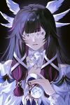  1girl bare_shoulders black_hair bow colored_inner_hair columbina_(genshin_impact) dark_background dress eye_mask genshin_impact hair_ribbon hashtag-only_commentary head_wings highres long_hair mask multicolored_hair parted_lips purple_eyes purple_hair ribbon ritsu_0409 solo streaked_hair two-tone_hair upper_body white_bow white_dress white_ribbon white_wings wings wrist_bow 