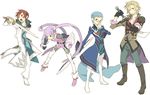  3boys asbel_lhant bad_id bad_pixiv_id black_eyes blue_hair boots brown_hair gauntlets glasses gloves hubert_ozwell malik_caesars multiple_boys purple_hair sophie_(tales) sword tales_of_(series) tales_of_graces twintails weapon white_background zenmai 