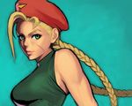  bare_shoulders beret blonde_hair braid breasts cammy_white green_eyes green_leotard hat leotard lips long_hair medium_breasts ogami scar simple_background solo street_fighter twin_braids upper_body 