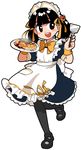  apron black_hair black_legwear brown_eyes food maid mitsumoto_jouji okonomiyaki original pantyhose plate ribbon solo spatula 