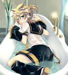  aqua_eyes bath blonde_hair blush headphones kagamine_len looking_back male_focus parody shorts solo vocaloid wet wet_clothes yomorin 