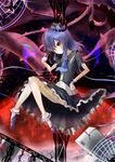  alternate_color blue_hair hair_twirling hand_on_hip hat masa_(miyabitei) orange_eyes remilia_scarlet short_hair sitting solo touhou wrist_cuffs 