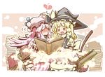  bad_id bad_pixiv_id blonde_hair blush blush_stickers book braid broken_heart broom chibi closed_eyes fang hat hat_ribbon heart holding kirisame_marisa leo_hariyoru long_hair magic multiple_girls no_nose o3o open_mouth patchouli_knowledge pink_hair puckered_lips ribbon smoke touhou witch_hat yellow_eyes yuri 