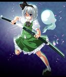  bad_id bad_pixiv_id black_hairband blue_eyes ghost hairband harry_(namayake) katana konpaku_youmu konpaku_youmu_(ghost) sheath short_hair silver_hair solo sword touhou unsheathing weapon 