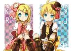  1girl aqua_eyes blonde_hair boots brother_and_sister dress frills hair_ornament hair_ribbon hairclip hat izumi_yuu_(mee) kagamine_len kagamine_rin mini_hat mini_top_hat necktie ribbon short_hair siblings sitting smile top_hat twins vocaloid 