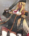  alternate_color blazblue blonde_hair blue_eyes bolverk character_name copyright_name dark_skin ganguro gun handgun jou_(mono) long_hair noel_vermillion orange_panties panties pantyshot solo thighhighs underwear upskirt weapon white_legwear 