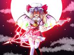 bat_wings blonde_hair blue_hair crazy fal_(falketto) flandre_scarlet fusion glowing glowing_eyes gradient_hair hat laevatein moon multicolored_hair red_moon remilia_scarlet side_ponytail solo spear_the_gungnir thighhighs touhou white_legwear wings 