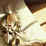  aqua_eyes bad_id bad_pixiv_id blonde_hair gou_(tomero) hair_ribbon hands headphones kagamine_rin lying on_back open_mouth ribbon short_hair solo vocaloid 