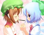  animal_ears bad_id bad_pixiv_id blue_eyes blue_hair blush bow brown_hair cat_ears chen cirno closed_eyes food green_hat green_ribbon hair_bow hair_ribbon hat interlocked_fingers mob_cap mouth_hold multiple_girls pila-pela pocky pocky_kiss ribbon shared_food short_hair touhou wings yuri 